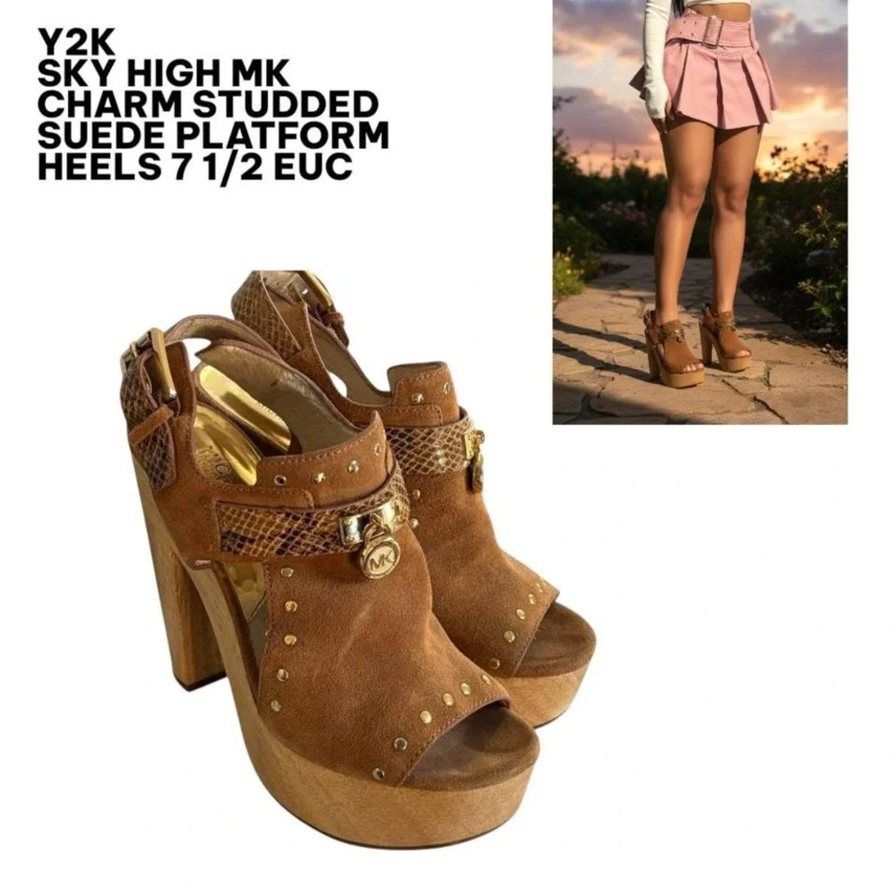 2000'S VTG. SKY HIGH SUEDE STUDDED‎ CHARM MK PLATFORM SANDALS HEELS 7 1/2.